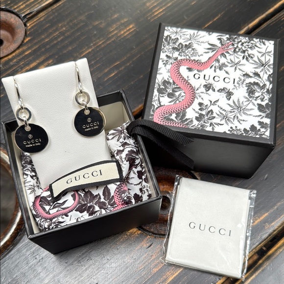 GUCCI Signature Sterling Silver medallion Drop Earrings